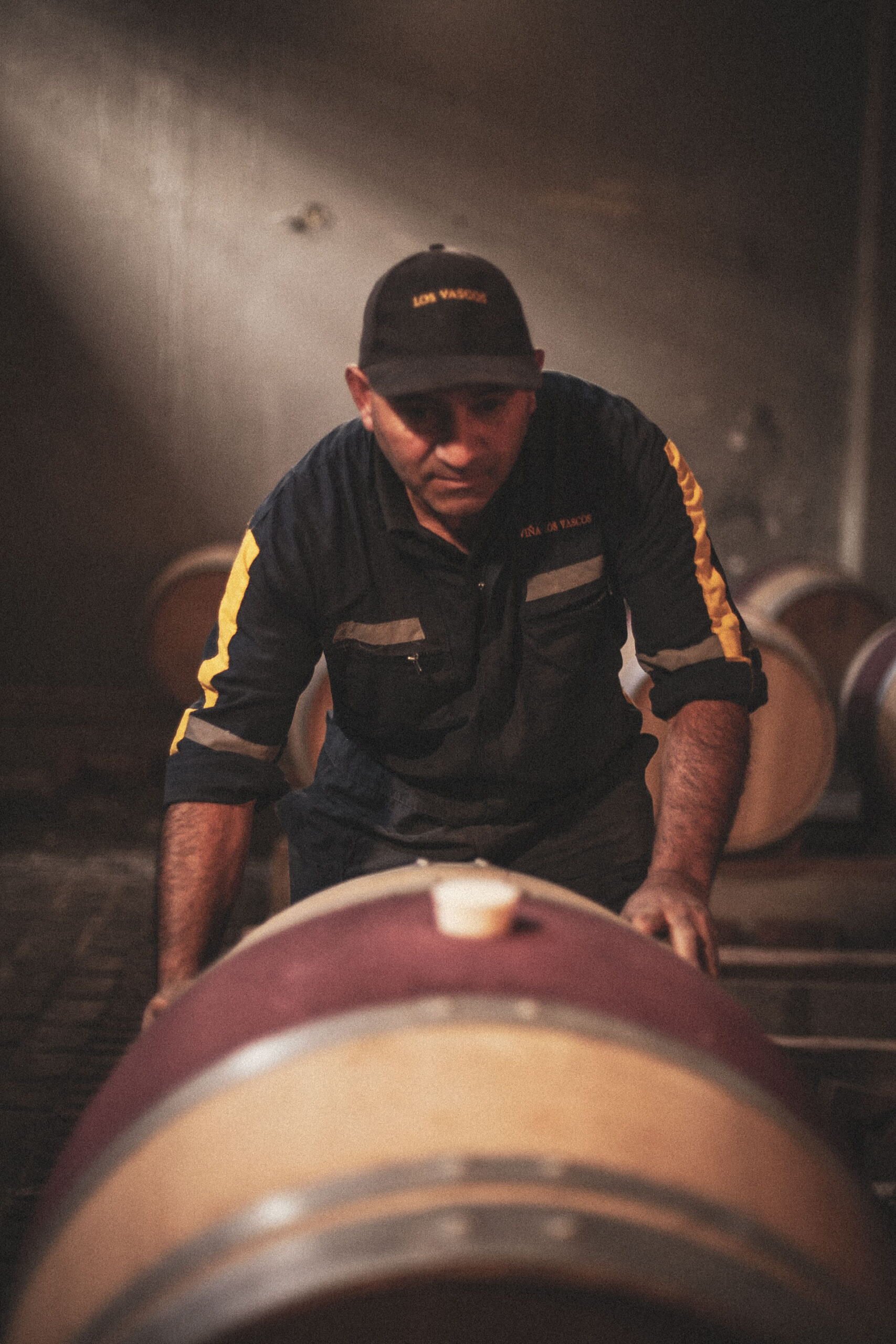 French oak barrels aging wine in the Los Vascos cellar, reflecting Bordeaux techniques.